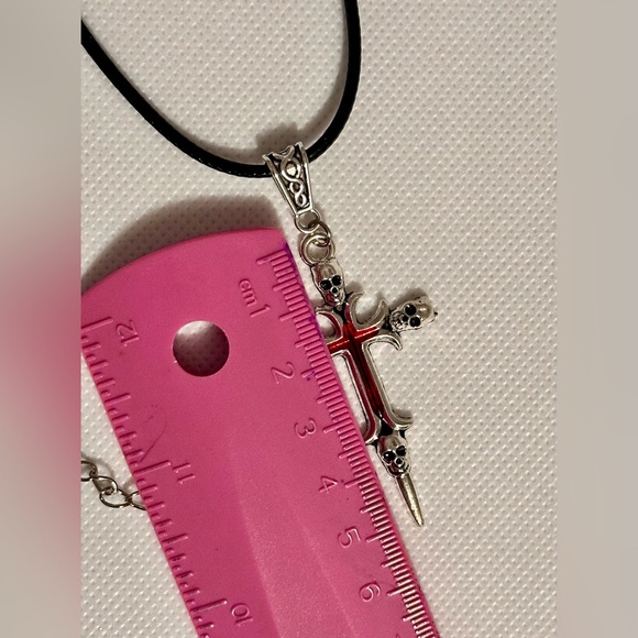 Silver Skull Cross Pendant on a Black Cord Necklace - Picture 6 of 7